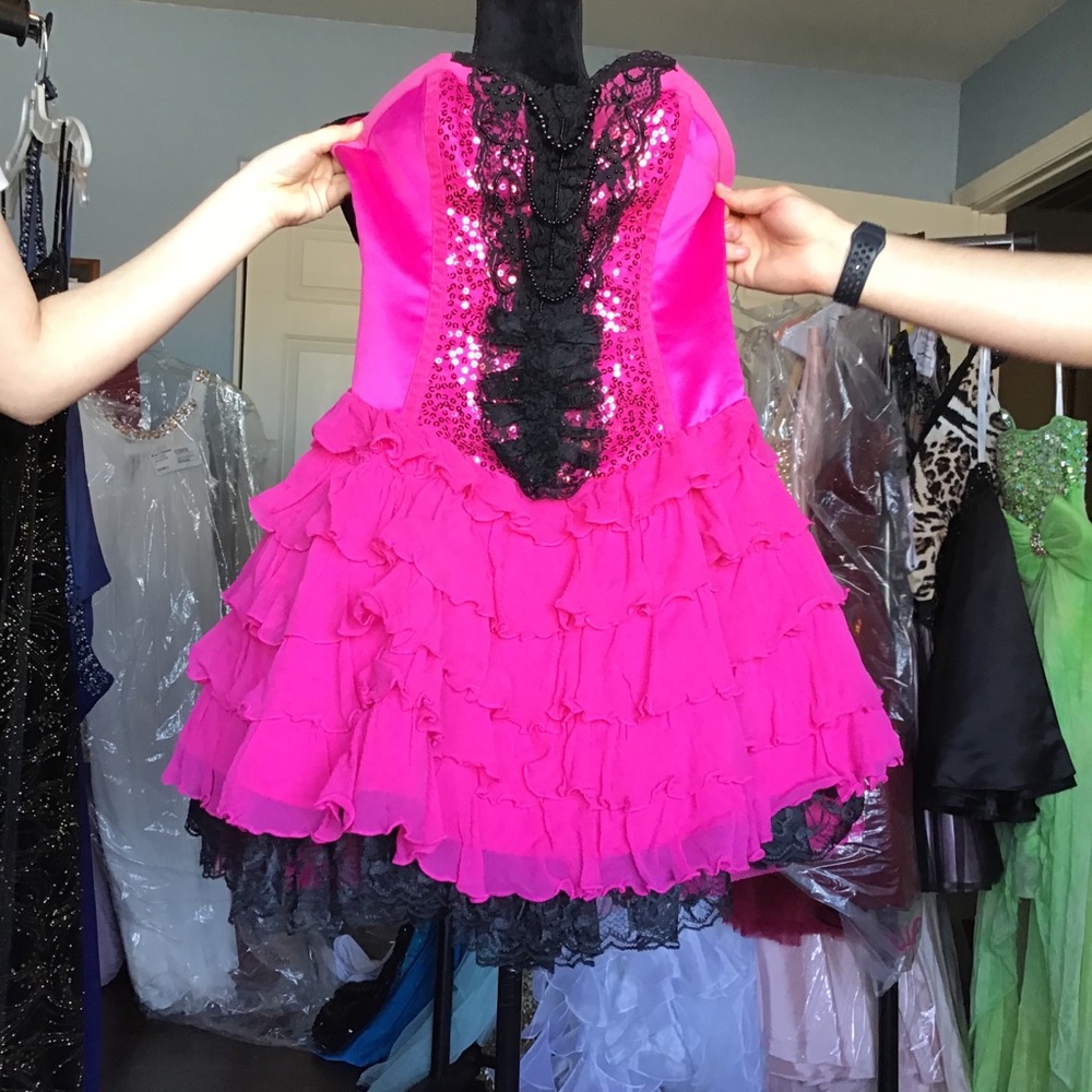 Hot Pink Ruffled Strapless Party Dress with Black Lace Accents